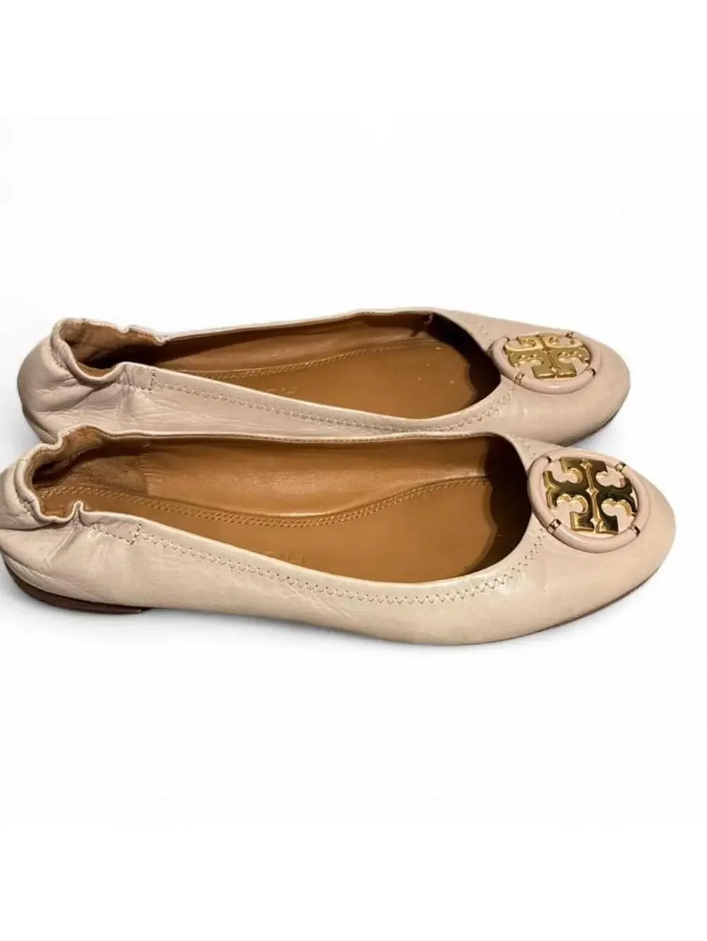 Tory Burch Minnie Travel Ballet Flats Blush Pink Leather Gold Logo Size 8.5